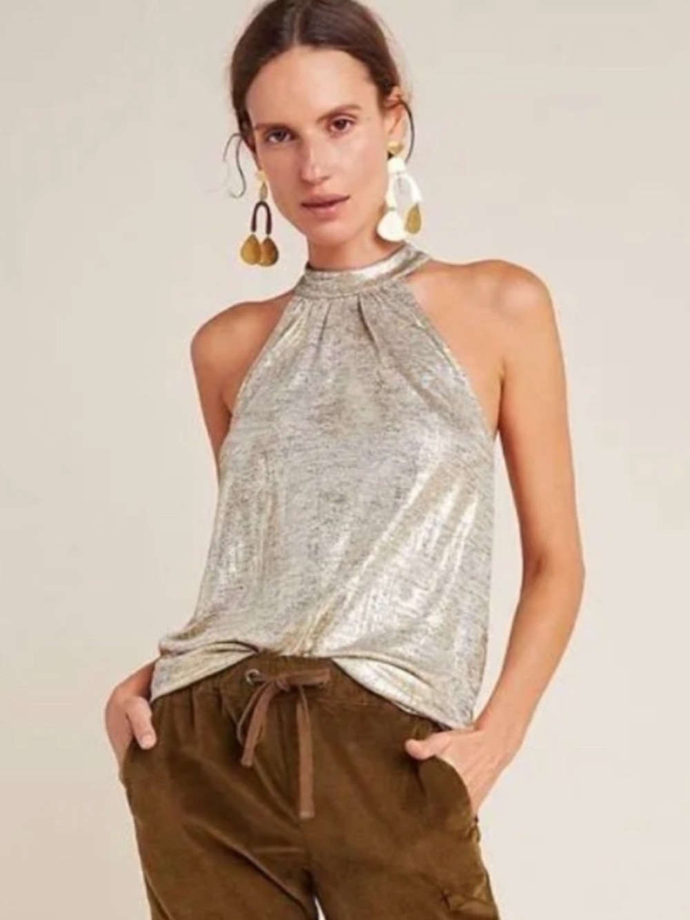 Anthropologie Sunday In Brooklyn Metallic Gold Halter Camisole